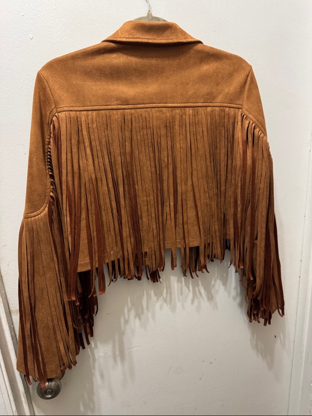 EUC Fringe Suede Jacket - Tan Fringe Cropped Coat - Picture 2 of 4